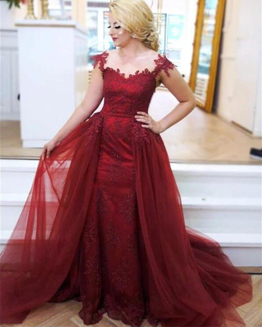 Modest Lace Appliques Cap Sleeves Tulle Mermaid Prom Dresses