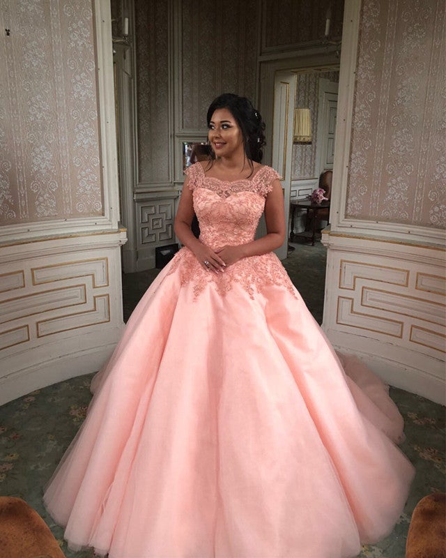 Modest Lace Cap Sleeves Organza Quinceanera Dresses Ball Gowns