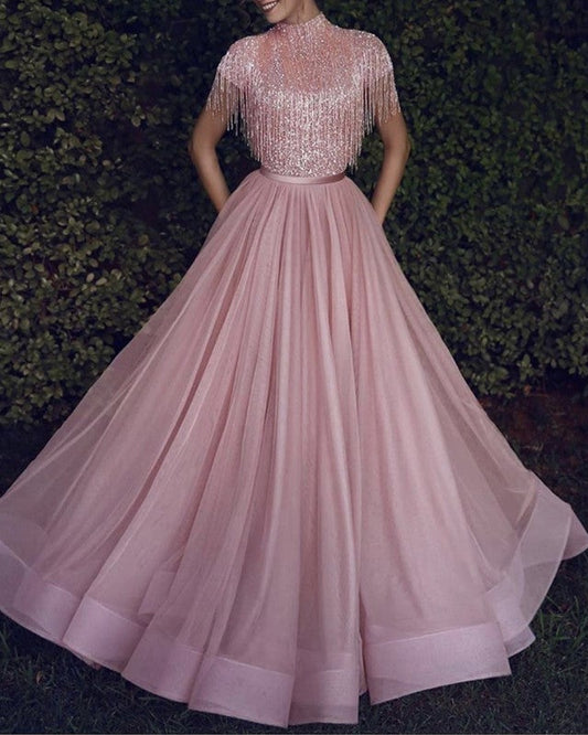 Modest Pink Prom Dresses Sequin High Neck Cap Sleeves