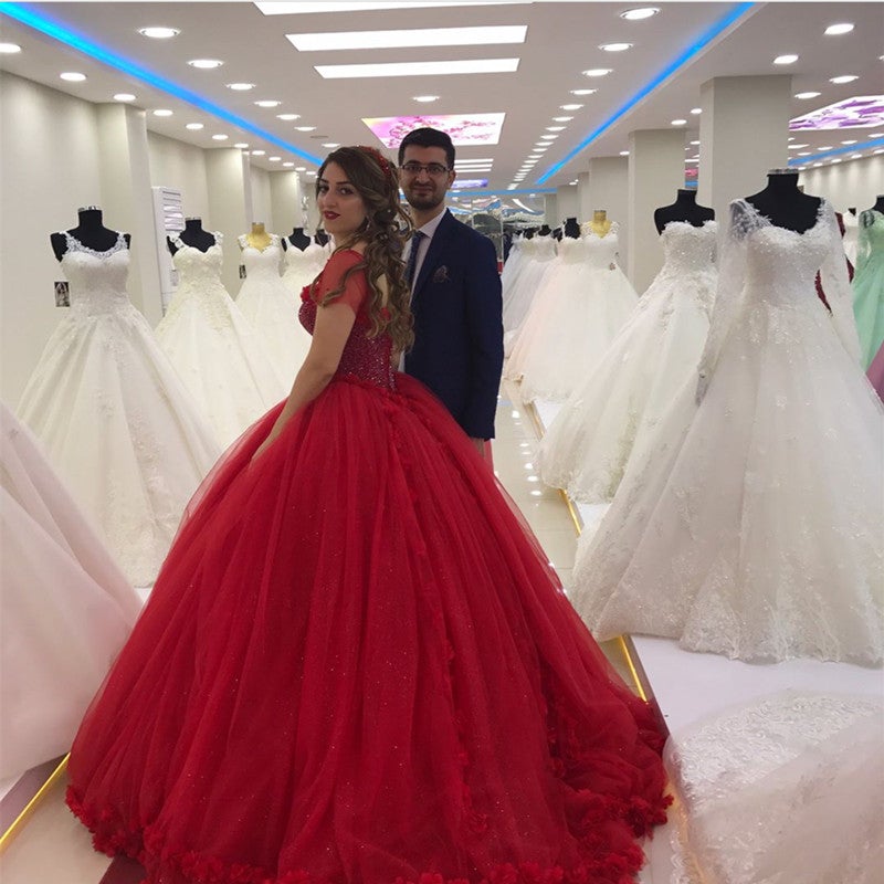 Modest Quinceanera Dresses Cap Sleeves Tulle Flower Ball Gown