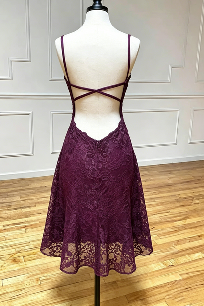Modest Grape Spaghetti Straps A-Line Lace Appliques Short Homecoming Dress