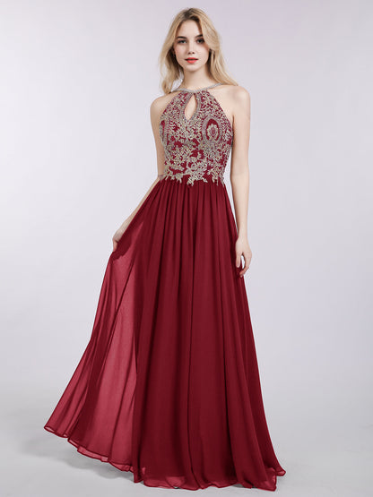 Halter Chiffon with Gold Appliqued Dress-Burgundy