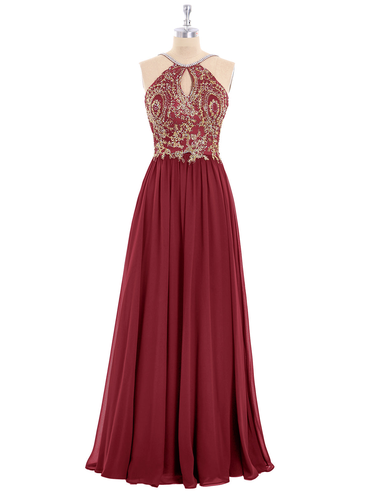 Halter Chiffon with Gold Appliqued Dress-Burgundy