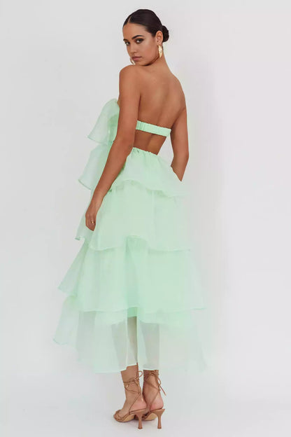 Multi layered ruffled edges with medium length strapless hollow padding and invisible zipper Prom Dresses that attract attention