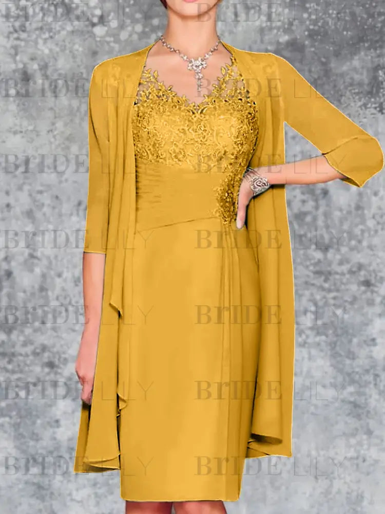 Two Piece Ruffle Chiffon Mother of the Bride Outfit Lace Short Wedding Guest Dress