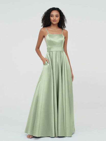 A-line Spaghetti Straps Max Satin Dresses-Dusty Sage