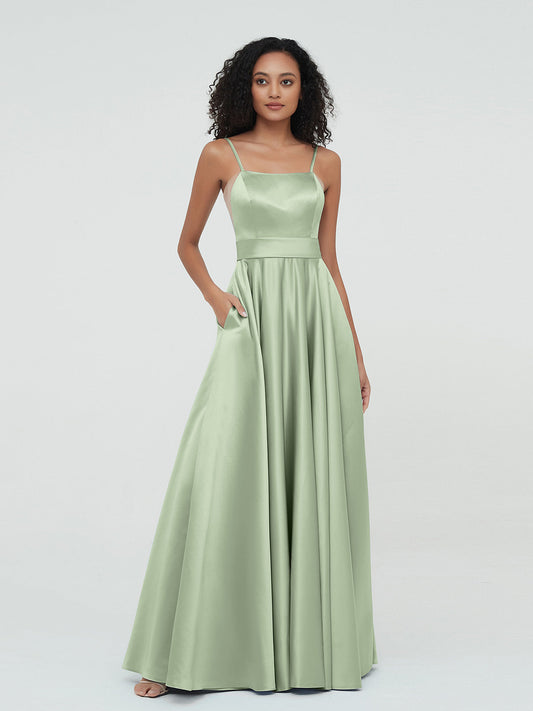 A-line Spaghetti Straps Max Satin Dresses-Dusty Sage