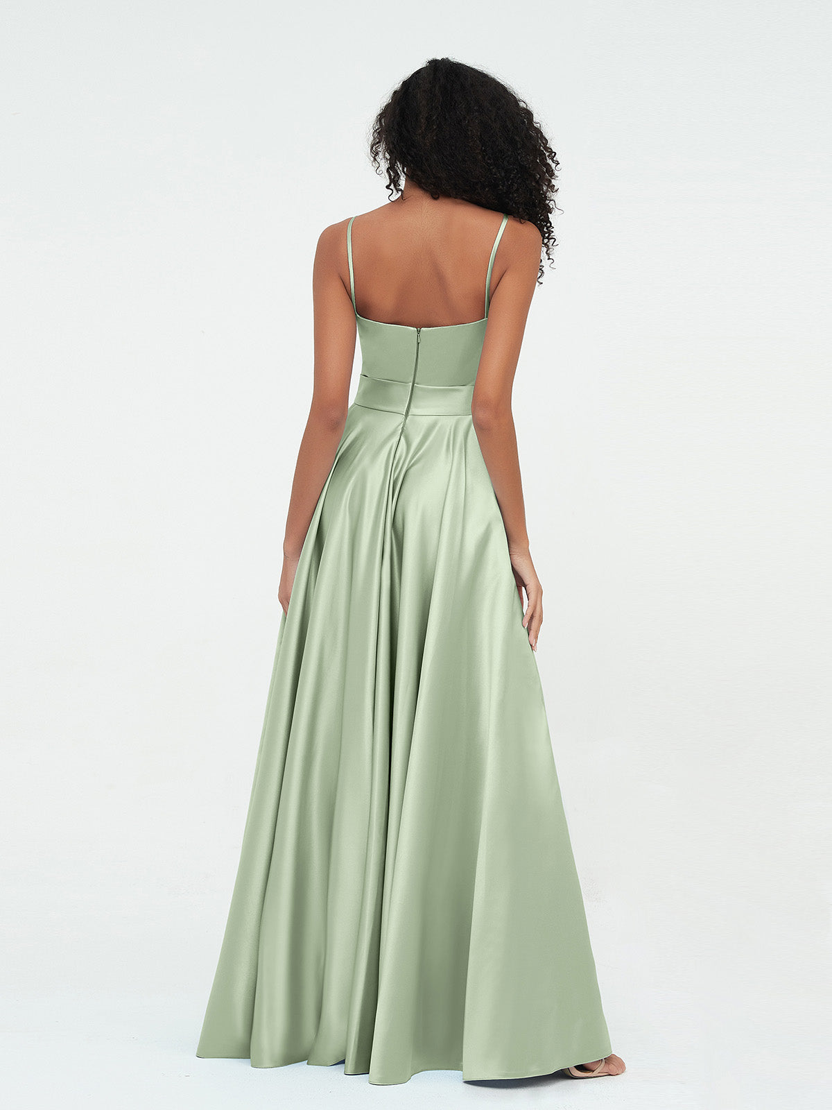 A-line Spaghetti Straps Max Satin Dresses-Dusty Sage