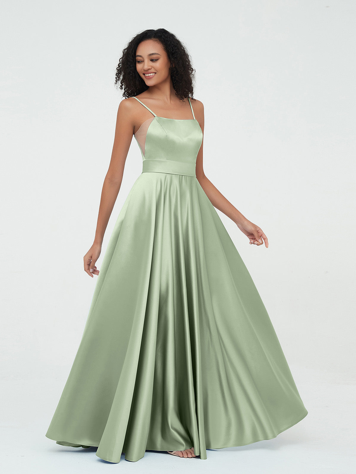 A-line Spaghetti Straps Max Satin Dresses-Dusty Sage