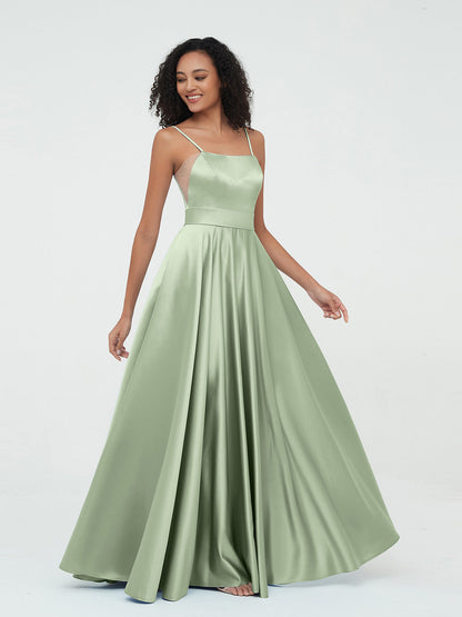 A-line Spaghetti Straps Max Satin Dresses-Dusty Sage