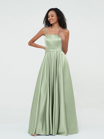 A-line Spaghetti Straps Max Satin Dresses-Dusty Sage