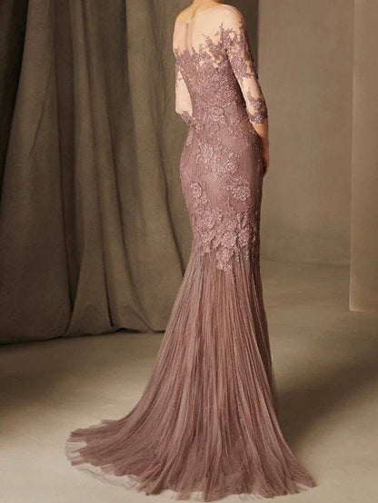 Mermaid / Trumpet Elegant Floral Engagement Formal Evening Dress Illusion Neck 3/4 Length Sleeve Sweep / Brush Train Chiffon with Lace Insert - RongMoon
