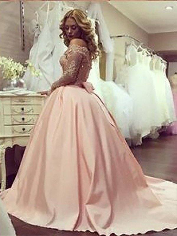 Ball Gown Long Sleeves Off-the-Shoulder Beading Satin Court Train Dresses - RongMoon