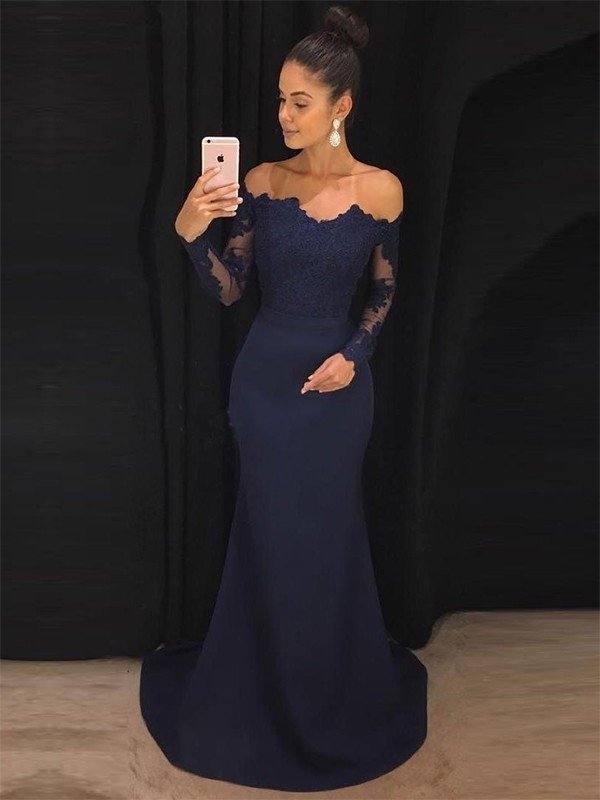 Trumpet/Mermaid Off-the-Shoulder Long Sleeves Sweep/Brush Train Lace Stretch Crepe Dresses - RongMoon