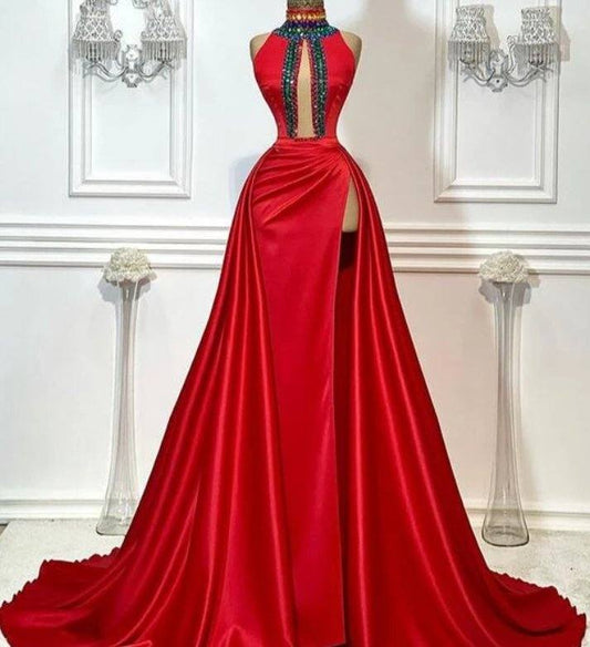 Red Robe De Soiree A-line High Collar Satin Crystals Slit Sexy Long Prom Dresses Prom Gown Evening Dresses - RongMoon