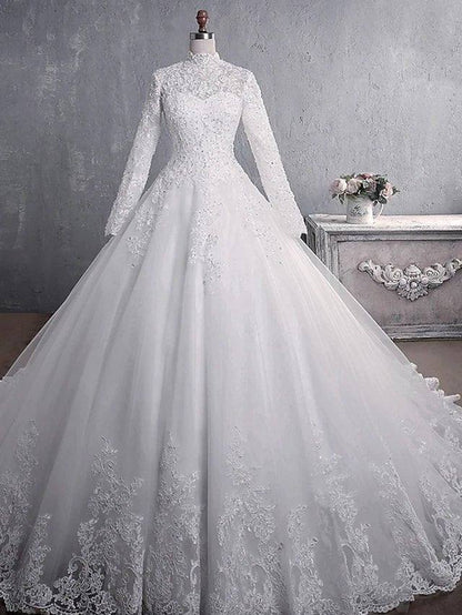Princess A-Line Wedding Dresses High Neck Court Train Lace Tulle Long Sleeve Formal Romantic Luxurious with Appliques - RongMoon