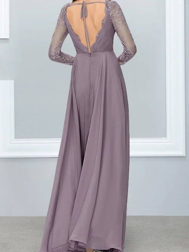 A-Line Mother of the Bride Dress Elegant V Neck Floor Length Chiffon Lace Long Sleeve with Lace Appliques - RongMoon