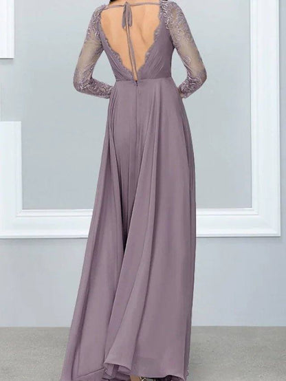 A-Line Mother of the Bride Dress Elegant V Neck Floor Length Chiffon Lace Long Sleeve with Lace Appliques - RongMoon