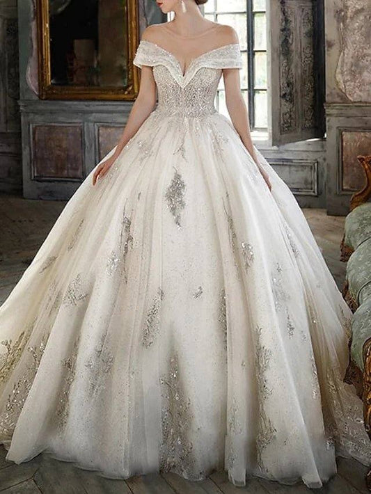 Princess Ball Gown Wedding Dresses Jewel Neck Floor Length Lace Tulle Sequined Short Sleeve Formal Romantic Luxurious Sparkle & Shine See-Through with Pleats Appliques - RongMoon