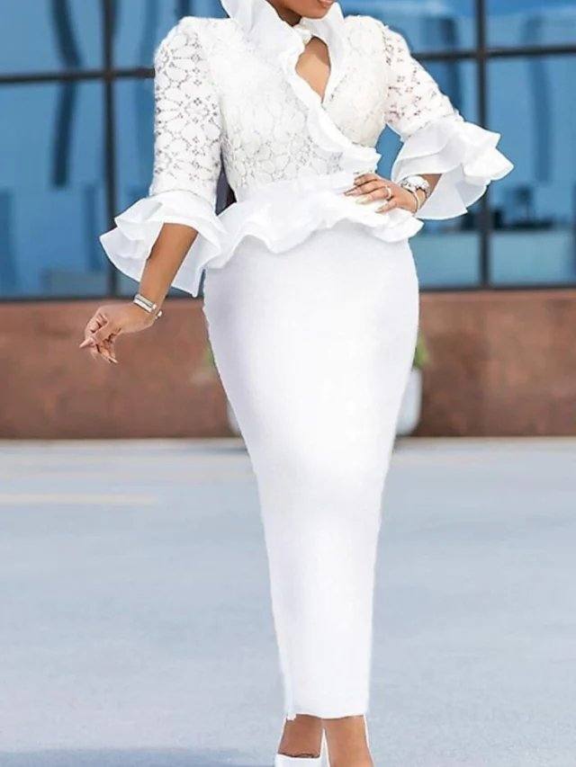 Sheath / Column Plus Size Elegant Wedding Guest Prom Valentine's Day Dress V Neck Half Sleeve Ankle Length Lace with Ruffles - RongMoon