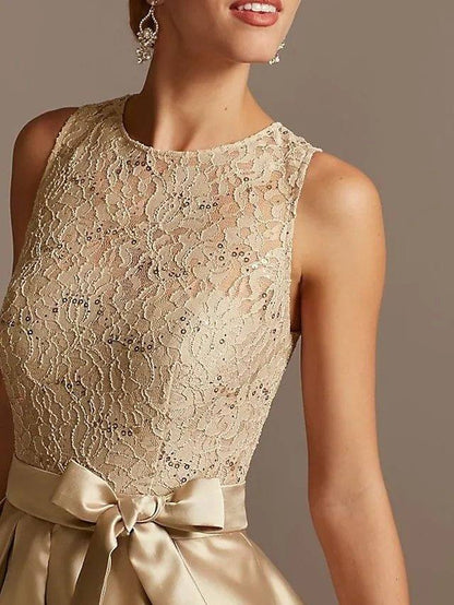 A-Line Mother of the Bride Dress Elegant Jewel Neck Asymmetrical Satin Sleeveless with Bow(s) - RongMoon