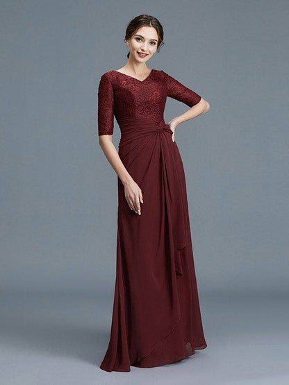 A-Line/Princess V-neck 1/2 Sleeves Ruffles Chiffon Floor-Length Mother of the Bride Dresses - RongMoon