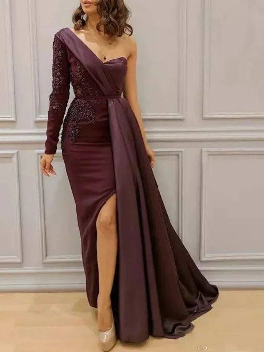 Sheath / Column Mother of the Bride Dress Elegant Sexy One Shoulder Sweep / Brush Train Lace Satin Long Sleeve with Appliques Split Front - RongMoon