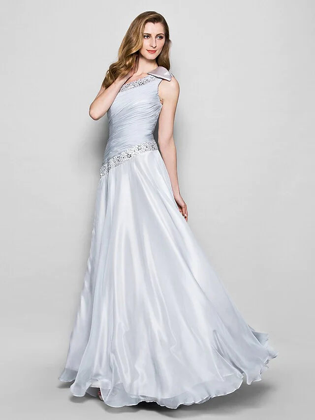 A-Line Mother of the Bride Dress Elegant One Shoulder Floor Length Chiffon Sleeveless with Bow(s) Crystals Beading