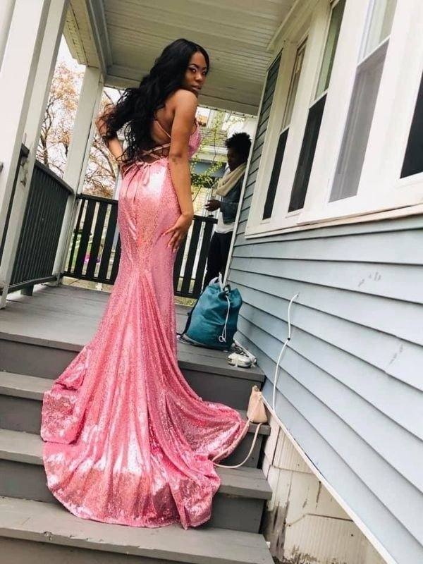 Trumpet/Mermaid V-neck Sweep/Brush Train Sleeveless Sequins Ruffles Dresses - RongMoon