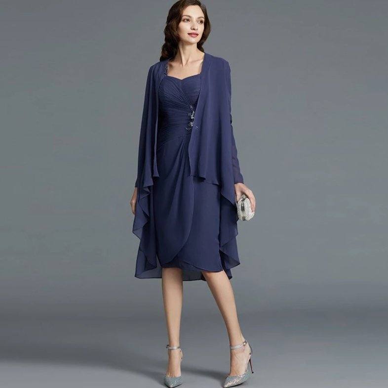 Gray Mother Of The Bride Dresses Sheath Knee Length Chiffon Appliques With Jacket Short Groom Mother Dresses For Weddings - RongMoon