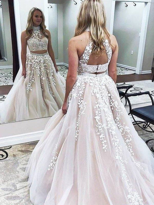 A-Line/Princess High Neck Sleeveless Sweep/Brush Train Applique Tulle Two Piece Dresses - RongMoon