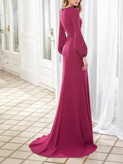 Sheath / Column Mother of the Bride Dress Elegant V Neck Sweep / Brush Train Stretch Fabric Long Sleeve with Pleats - RongMoon