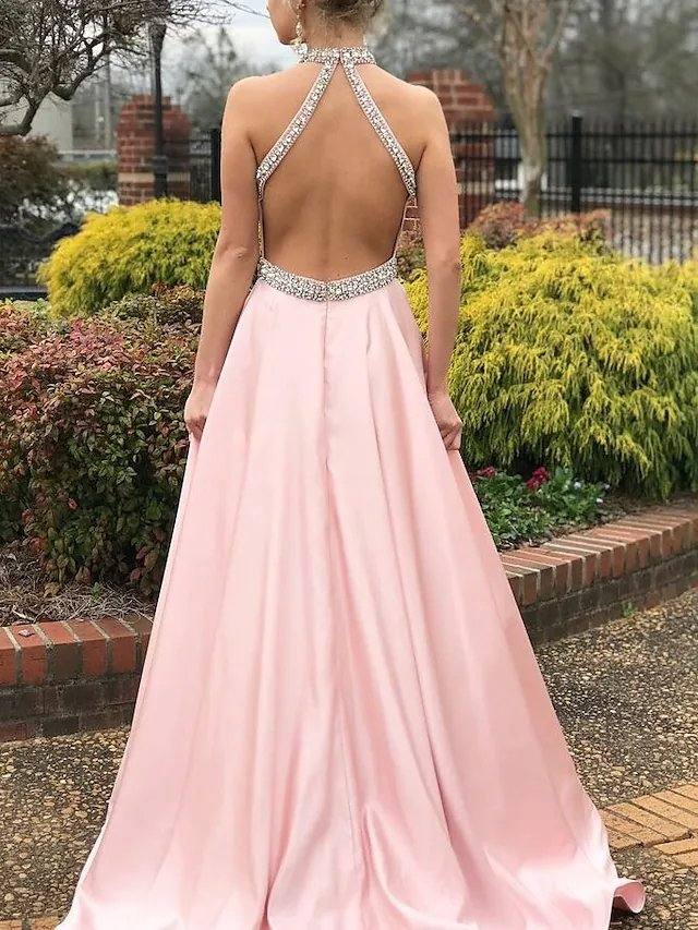 A-Line Beautiful Back Elegant Engagement Prom Dress Halter Neck Sleeveless Sweep / Brush Train Satin with Beading - RongMoon