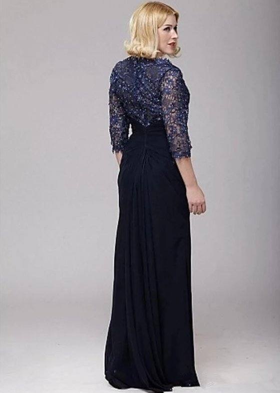 Navy Blue Mother Of The Bride Dresses A-line V-neck 3/4 Sleeves Chiffon Lace Beaded Groom Long Mother Dresses For Wedding - RongMoon