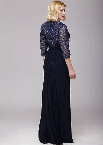 Navy Blue Mother Of The Bride Dresses A-line V-neck 3/4 Sleeves Chiffon Lace Beaded Groom Long Mother Dresses For Wedding - RongMoon