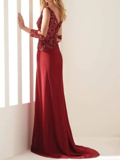 Mermaid / Trumpet Elegant Sexy Wedding Guest Formal Evening Dress V Neck 3/4 Length Sleeve Sweep / Brush Train Chiffon Lace with Beading - RongMoon