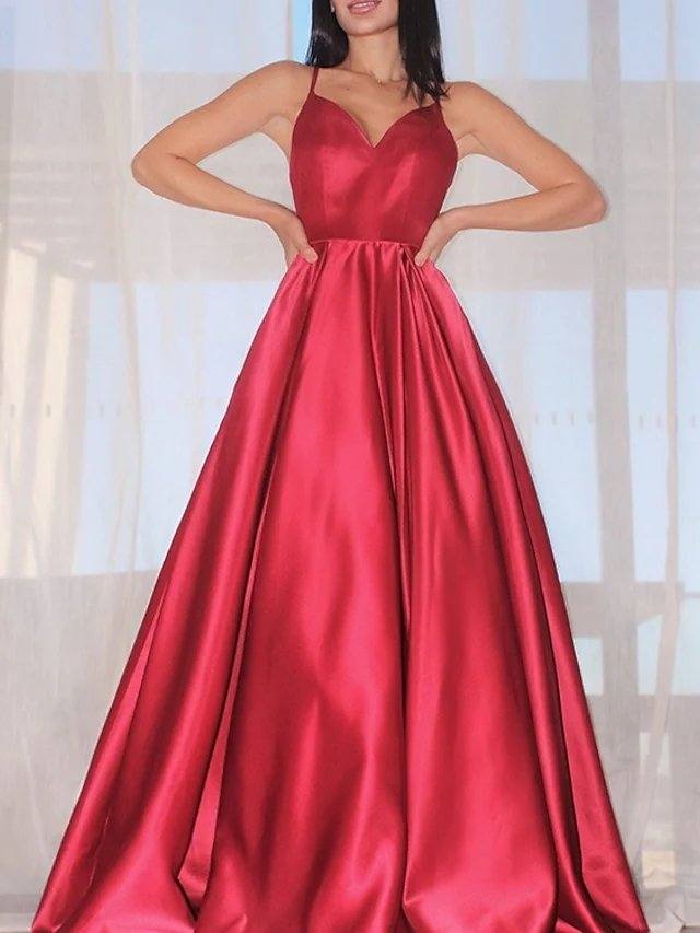A-Line Minimalist Sexy Wedding Guest Prom Dress V Neck Spaghetti Strap Sleeveless Court Train Satin with Sleek - RongMoon