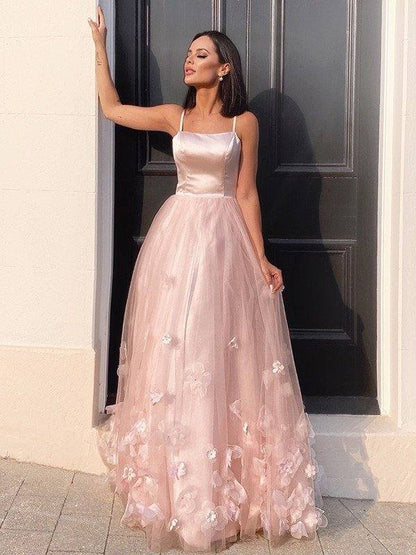 A-Line/Princess Tulle Hand-Made Flower Straps Floor-Length Sleeveless Dresses - RongMoon