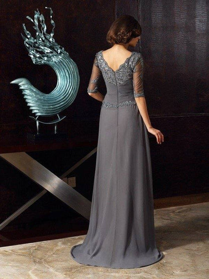 A-Line/Princess Scoop Beading 1/2 Sleeves Long Chiffon Mother of the Bride Dresses - RongMoon
