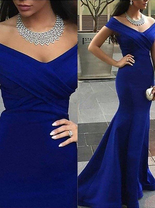 Trumpet/Mermaid Off-the-Shoulder Sleeveless Satin Sweep/Brush Train Dresses - RongMoon