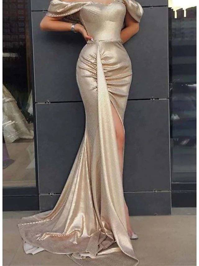 Mermaid / Trumpet Sexy bodycon Wedding Guest Prom Dress Off Shoulder Sleeveless Sweep / Brush Train Satin with Split - RongMoon