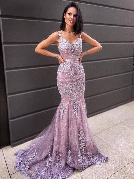 Trumpet/Mermaid Sleeveless Sweep/Brush Train Applique Tulle V-neck Dresses - RongMoon