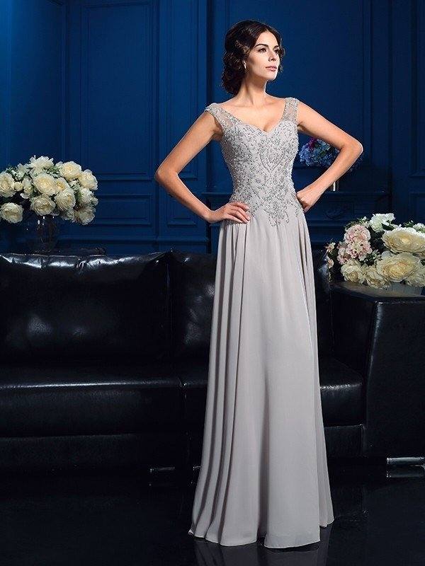 A-Line/Princess V-neck Beading Sleeveless Long Chiffon Mother of the Bride Dresses - RongMoon