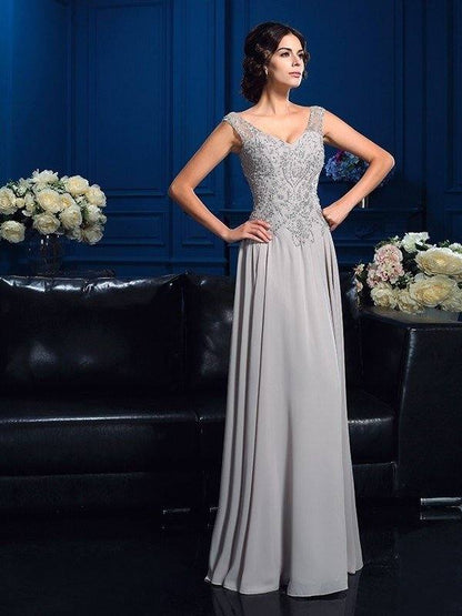 A-Line/Princess V-neck Beading Sleeveless Long Chiffon Mother of the Bride Dresses - RongMoon