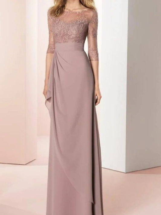 Sheath / Column Mother of the Bride Dress Elegant Jewel Neck Floor Length Chiffon Lace 3/4 Length Sleeve with Draping - RongMoon