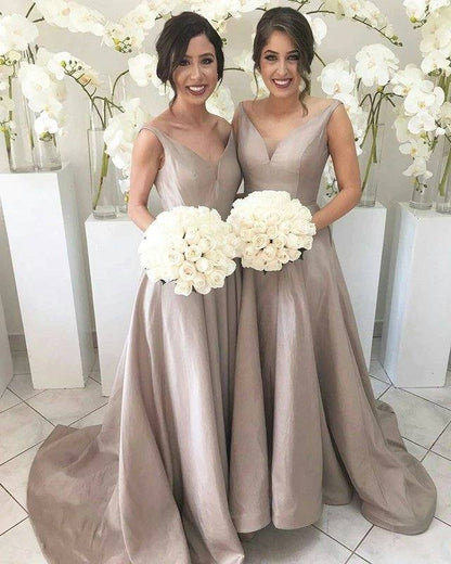Deep V-neck Long Satin See Through Back Bridesmaid Dresses - RongMoon