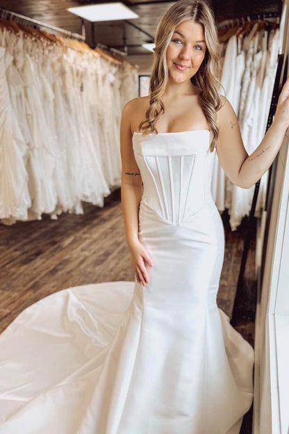Strapless Mermaid Satin Ivory Long Wedding Dress with Detachable Train