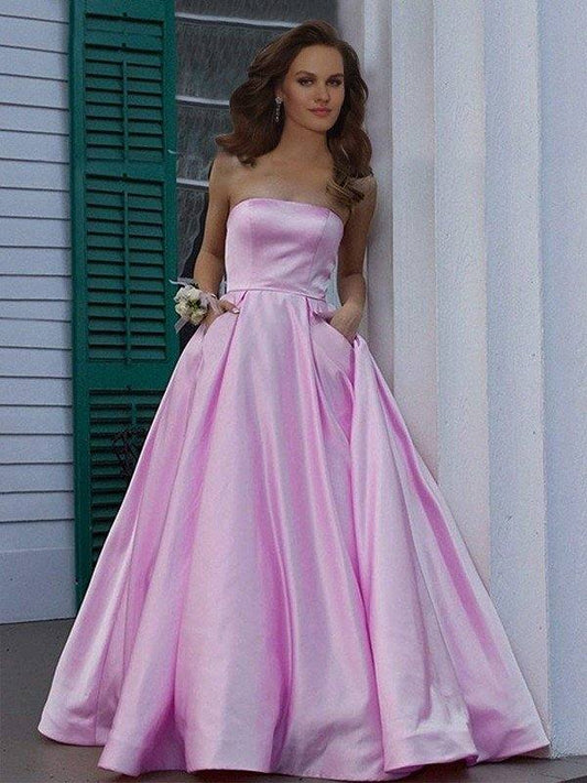 A-Line/Princess Strapless Sleeveless Floor-Length Ruffles Satin Dresses - RongMoon