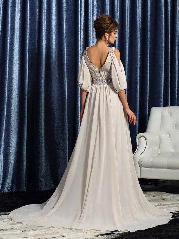 A-Line/Princess V-neck Beading 1/2 Sleeves Long Chiffon Mother of the Bride Dresses - RongMoon