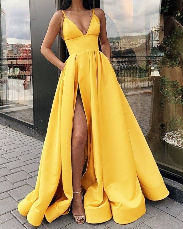 Long Satin Split Prom Dresses With Pockets - RongMoon